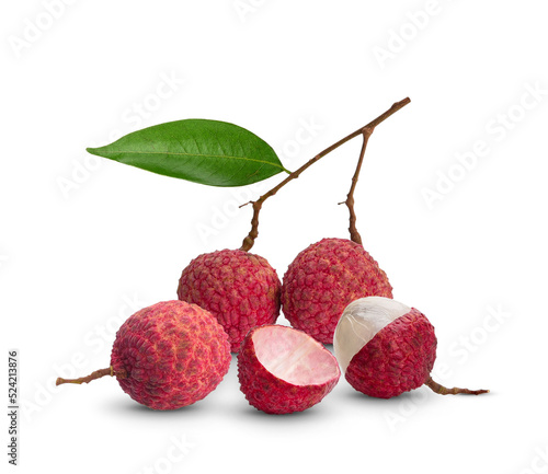 Fresh Lychee fruit and green leaf isolated on white background. photo