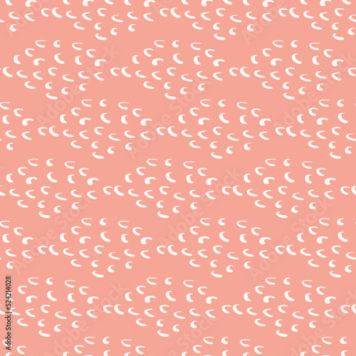 Modern vector scallop shell seamless pattern background. Naive pink white backdrop with shells created from single doodle waves. Abstract pottery etching texture irregular geometric horizontal repeat.
