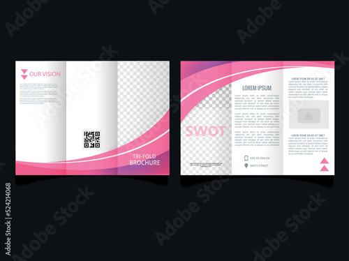 Tri-fold brochure layout, pink and white flyer. For design and printing. pink wavy trifold brochure template. Presentation. photo