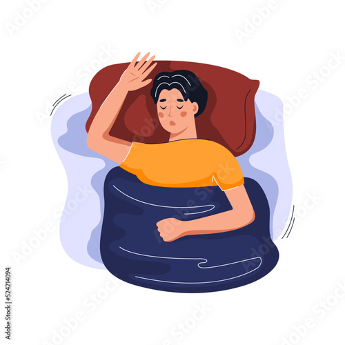 Man sound sleeping in the bed. Sleep apnea, snoring, health sleep concept. Vector flat illustration.
