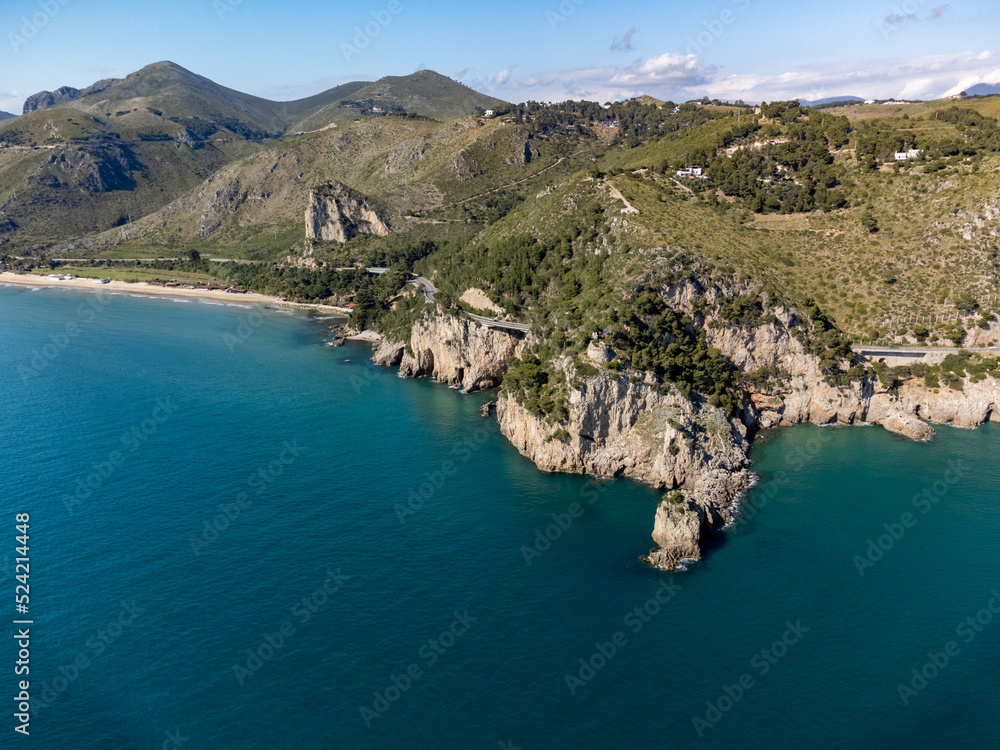 Aerial view on coast between Sperlonga and Gaeta, touristic route, summer vacation destination on Tyrrhenien sea with sandy beaches and old houses