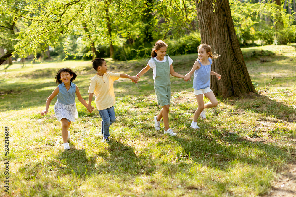 Fototapeta premium Group of asian and caucasian kids having fun in the park