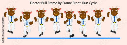 Cartoon bull as a doctor, Frame by Frame Front run cycle. Can be used for 2D Animation, Motion graphics, explanatory animated videos, posters