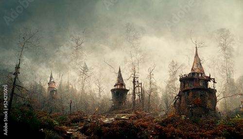 illustration of a witch's abandoned village with pumpkins.realistic halloween festival illustration. Halloween night pictures for wall paper. 3D illustration. Use digital paint blurring techniques.