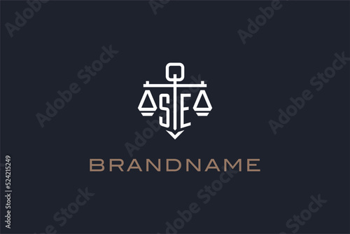 Initials SE logo for law firm with shield and scales of justice modern style
