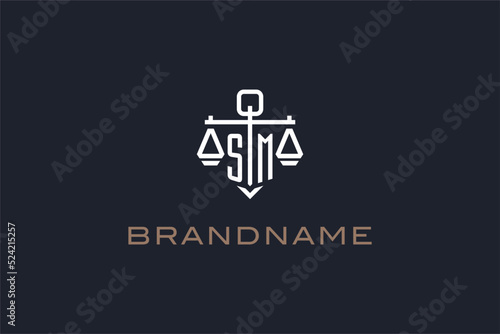 Initials SM logo for law firm with shield and scales of justice modern style