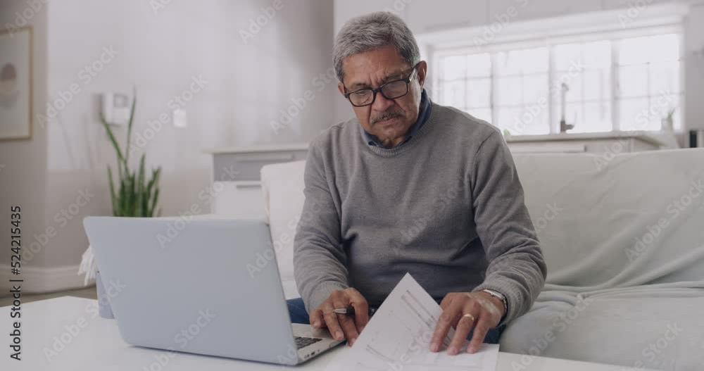 Anxiety, stress and debt by mature man checking finance on a laptop at home. Worried senior male feeling pressure, concerned about budget and financial planning. Older guy stressed about retirement Anxiety, stress and debt by mature man checking finance on a laptop at home. Worried senior male feeling pressure, concerned about budget and financial planning. Older guy stressed about retirement