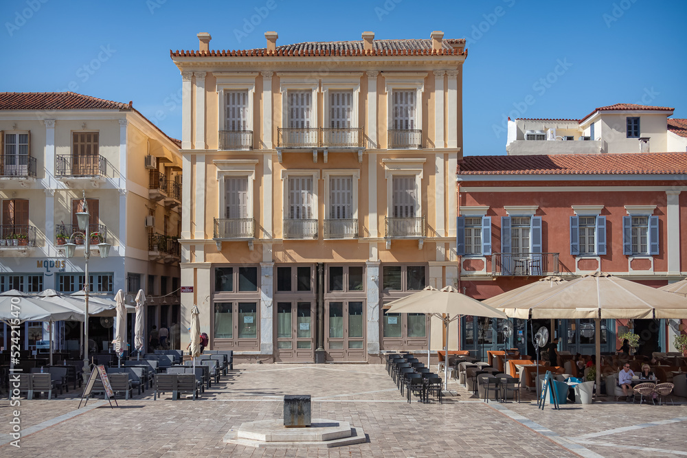 View of the buildings along the Syntagma Square in the historic old town of Nafplion, Greece