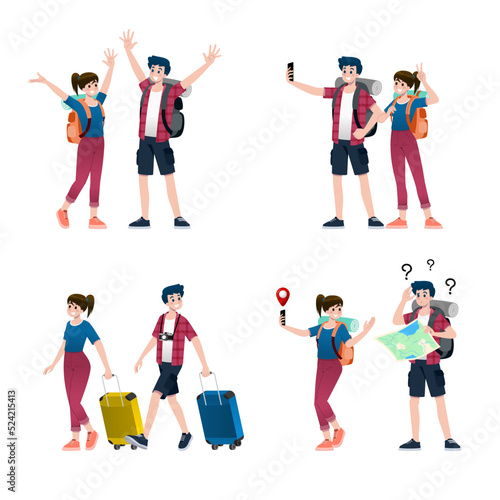 Young happy man and woman tourists flat cartoon character. Around the world traveling male and female people on a summer vacation trip, Isolated on white background.