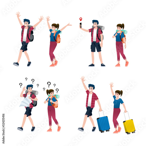 Fototapeta Naklejka Na Ścianę i Meble -  Young happy man and woman tourists flat cartoon character. Around the world traveling male and female people on a summer vacation trip, Isolated on white background.