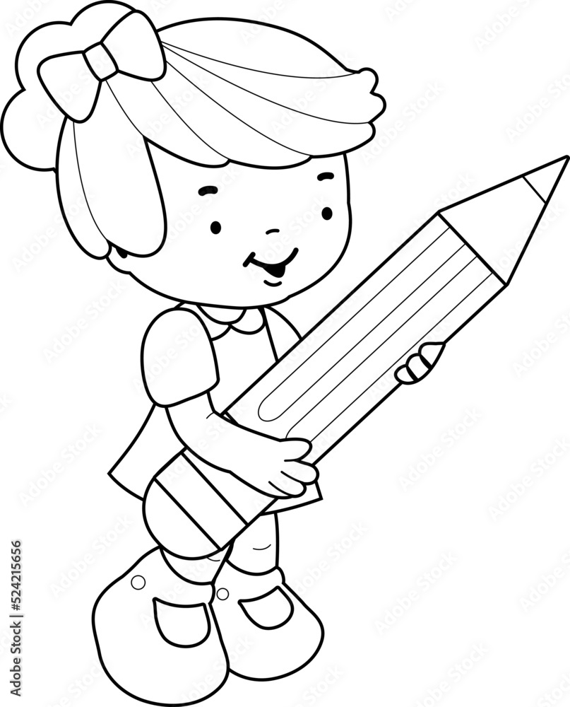 Little girl student holding a big pencil. Vector black and white ...