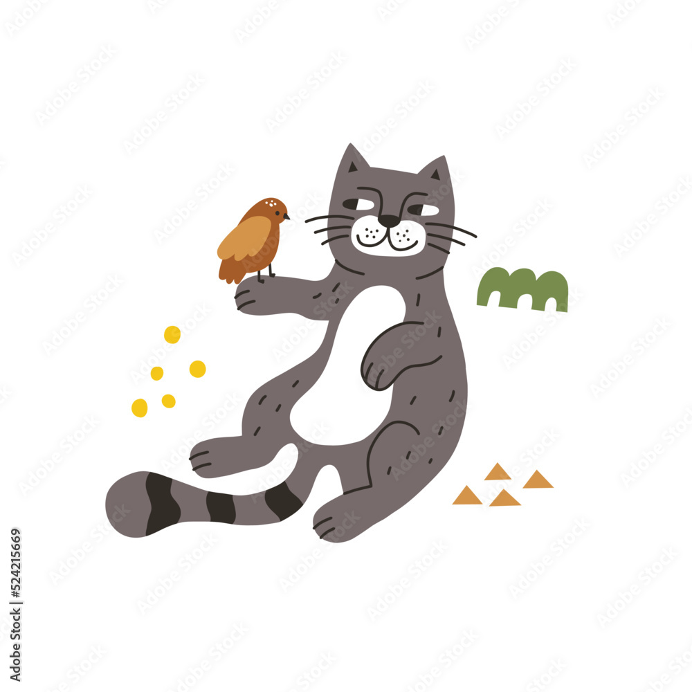 Vector illustration with a cat and a bird isolated on a white background. Modern vector illustration in hand drawn style. Vector illustration with a cat and a bird isolated on a white background. Modern vector illustration in hand drawn style.