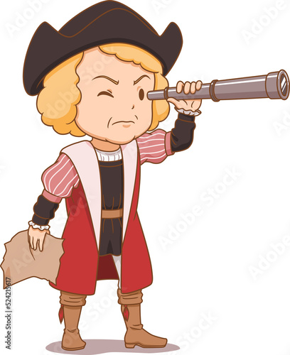 Fototapeta Cartoon character of Christopher Columbus holding telescope