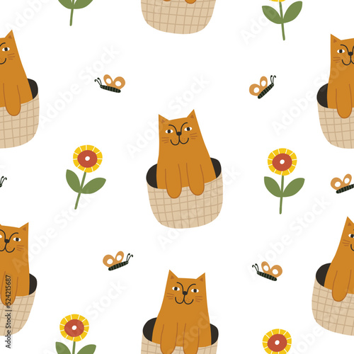 Seamless vector pattern with a cat in the basket. Vector background for texti...