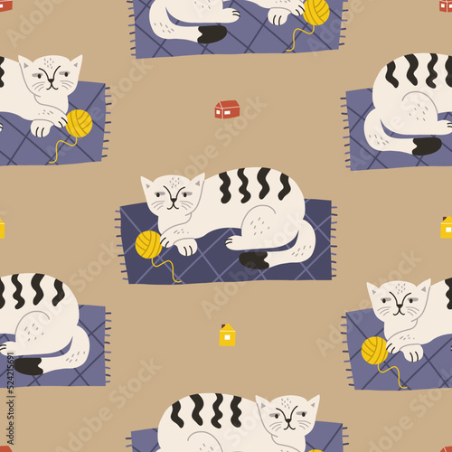 Seamless vector pattern with a lazy cat. Vector background for textiles and w...