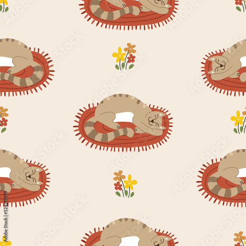 Seamless vector pattern with a sleeping cat on the mat. Modern vector backgro...