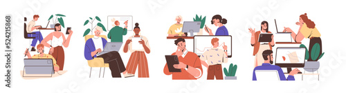 Teamwork concept. Groups of people work in teams together at business corporate projects for common goal. Working process with different tasks. Flat vector illustrations isolated on white background