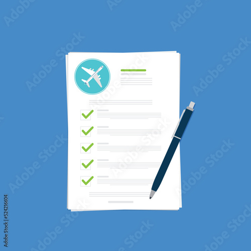 Flight insurance document. Airlines risk safety assurance agreement, checklist. Airplane travel coverage protection.