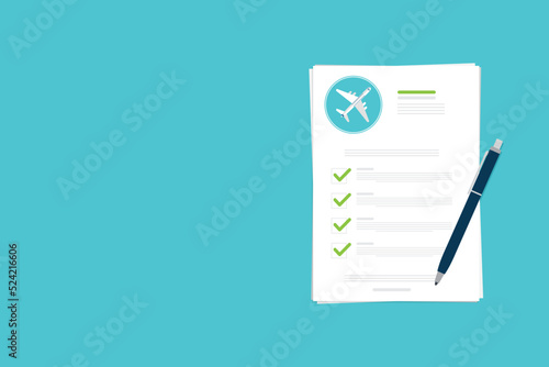 Flight insurance document. Airlines risk safety assurance agreement, checklist. Airplane travel coverage protection.