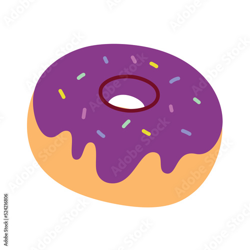 Donut vector icon, doodle illustration of a doughnut with violet icing and colorful sprinkles, bakery food for breakfast, sweet snack, isolated colored clipart on white background