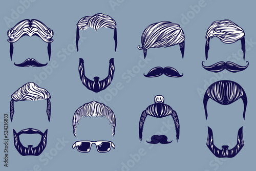 various hair and mustache vector illustration set monochrome style