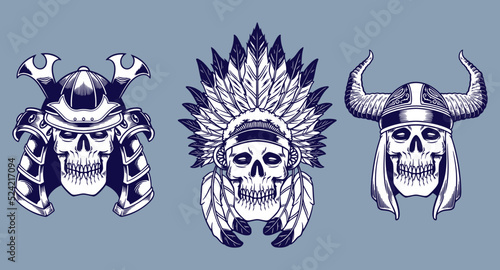various skull and headdress vector illustration set monochrome style