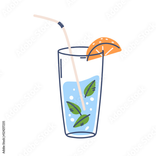 Water glass with mint leaf, orange slice and straw. Cold fresh aqua drink infused with citrus fruit and peppermint. Summer refreshment. Flat graphic vector illustration isolated on white background