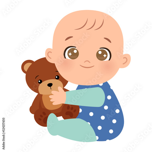 Cute baby boy playing with teddy bear