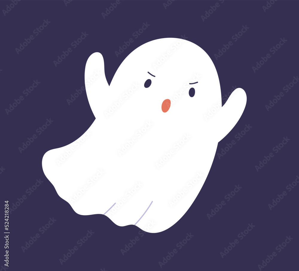Cute ghost spook with scaring spooky face expression. Funny Halloween phantom spirit floating, frighting. Magic kawaii boo character for Helloween holiday. Isolated childish flat vector illustration Cute ghost spook with scaring spooky face expression. Funny Halloween phantom spirit floating, frighting. Magic kawaii boo character for Helloween holiday. Isolated childish flat vector illustration