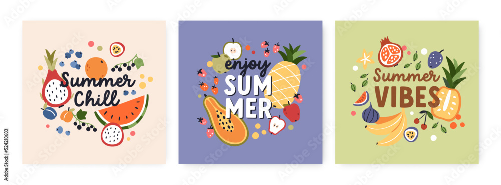 Tropical fruit cards designs with summer quotes, different sweet vitamin berries, watermelon, pineapple, bananas. Exotic fruity backgrounds templates set. Modern colored flat vector illustrations