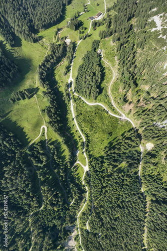 bird\'s-eye view of the musauer alm with lush green meadows, forests and winding hiking trails in beautiful tyrol