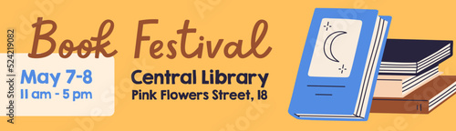 Ad banner design for book store, library. Reading festival, promotion background template. Paper literature exhibition, fair advertisement. Literary fest promo. Colored flat vector illustration