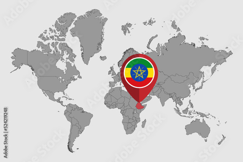 Pin map with Ethiopia flag on world map. Vector illustration.