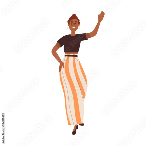 Happy woman waving with hand, saying hi, hello. Friendly smiling female character walking and welcoming, greeting smb with arm gesture. Flat graphic vector illustration isolated on white background