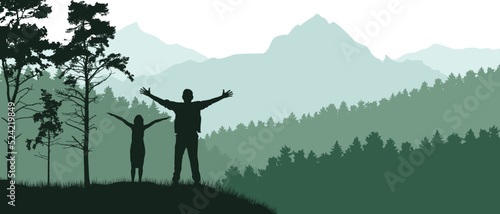 Concept of freedom. Happy man and woman stand on background of beautiful forest and mountains. Silhouette. Vector illustration