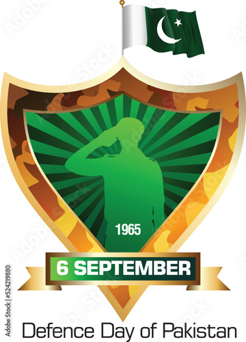 6th September. Happy Defence Day Shield  with Salute Pakistan Army and Dress Texture