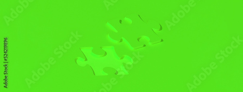 a piece of stone puzzle. Cutout from puzzle lies next to game. Horizontal image. Banner for insertion into site. Place for text cope space. 3D drawing. 3D rendering.