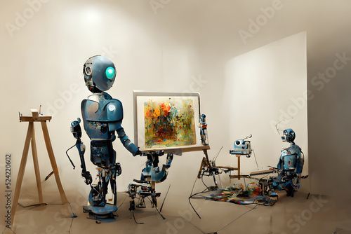 anthropomorphic robot artist in the studio next to the easel, painting and paints while working - neural network generated art, picture produced with ai in 2022 photo