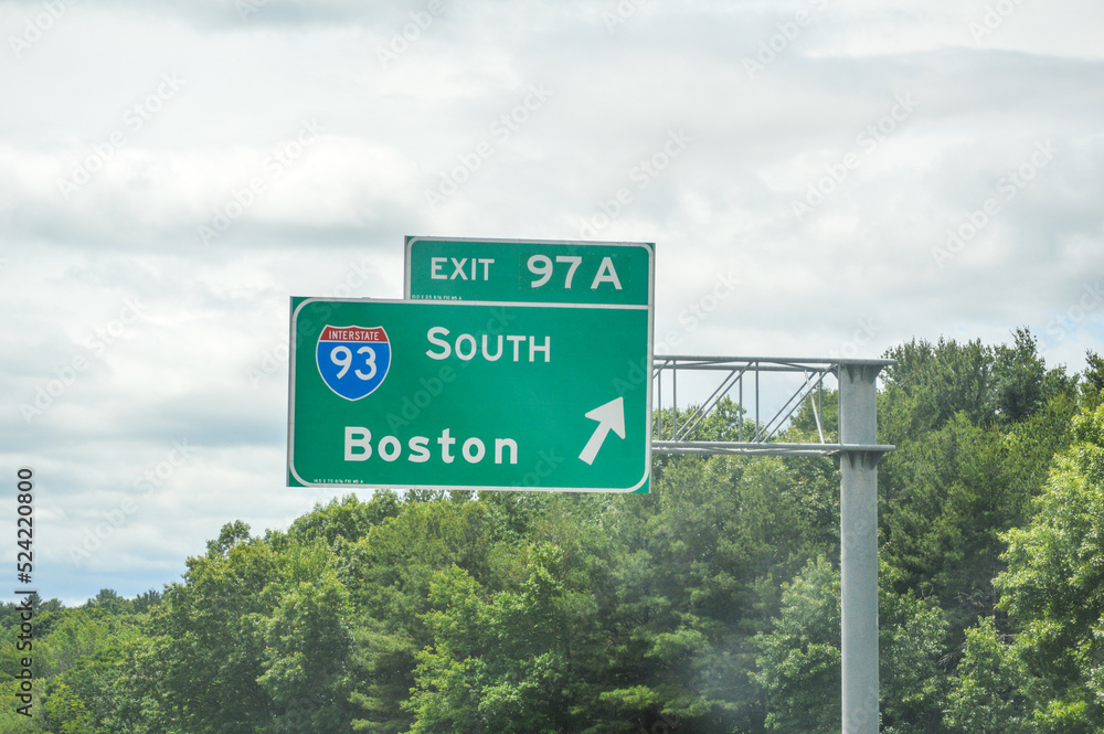 Fototapeta premium Highway Signage - Boston Route 93 South - June 18, 2022, Massachusetts, United States 