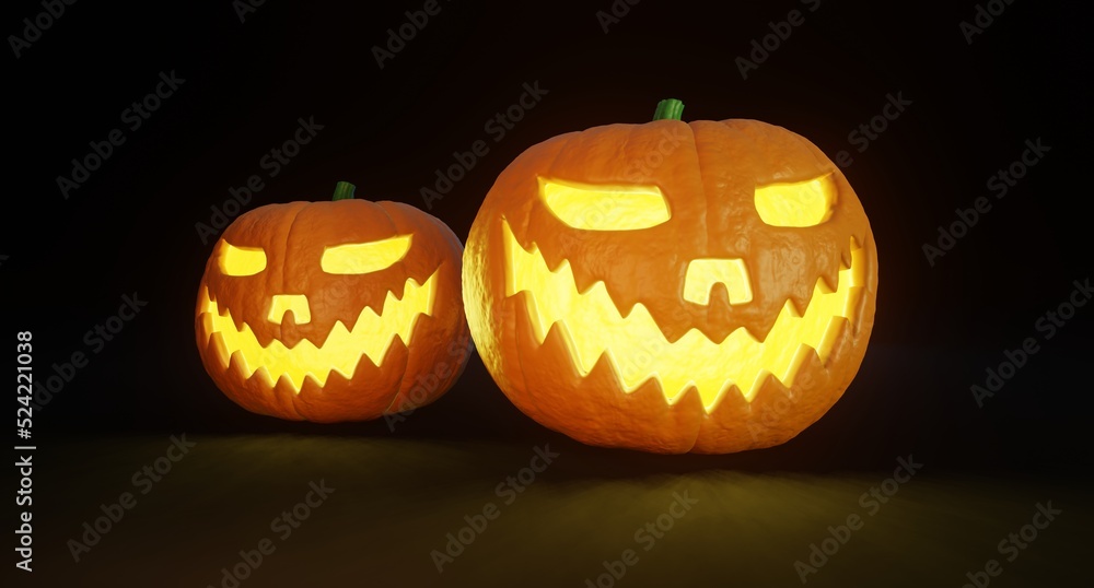 Halloween with Jack O Lantern pumpkins glowing in black background. 3D illustration rendering. Halloween with Jack O Lantern pumpkins glowing in black background. 3D illustration rendering.