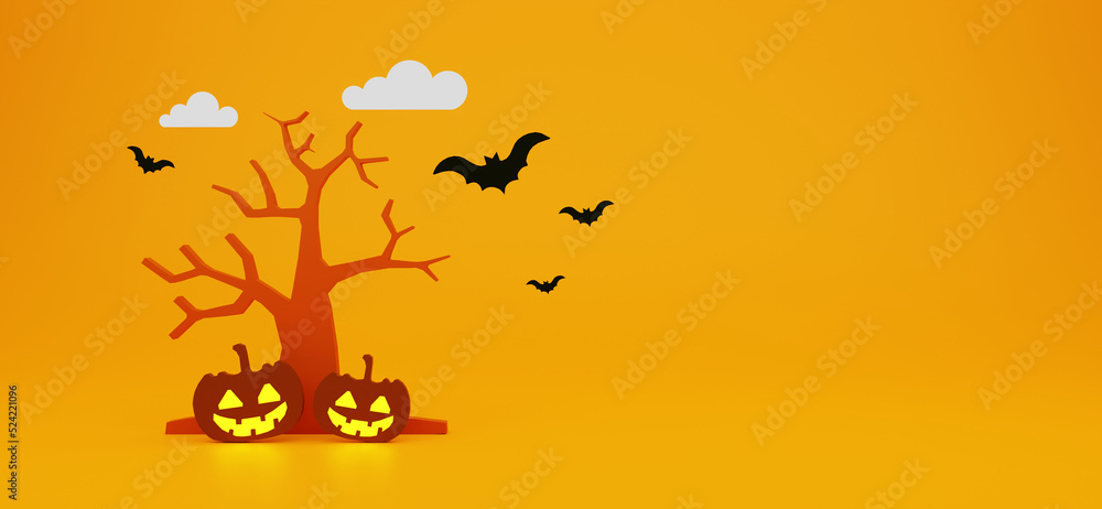 Halloween themed banner with glowing Jack O Lantern pumpkins in front of the tree. There were bats and clouds all around. 3D illustration rendering.