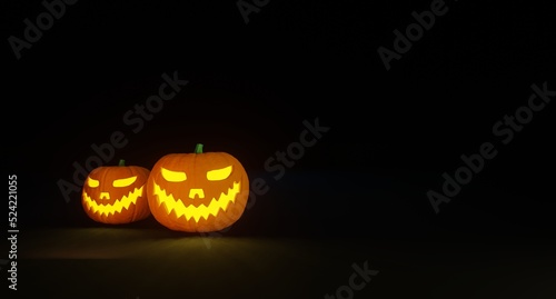 Halloween themed banner with Jack O Lantern pumpkin glow in the dark on old wooden floor. 3D illustration rendering.