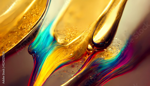 Liquid colorful and golden paints, Abstract fluid smooth background with waves luxury.3d render.