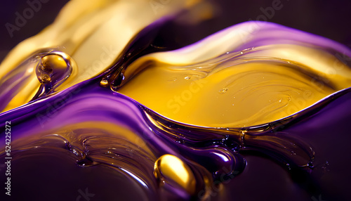 Liquid violet and golden paints, Abstract fluid smooth background with waves luxury.3d render.