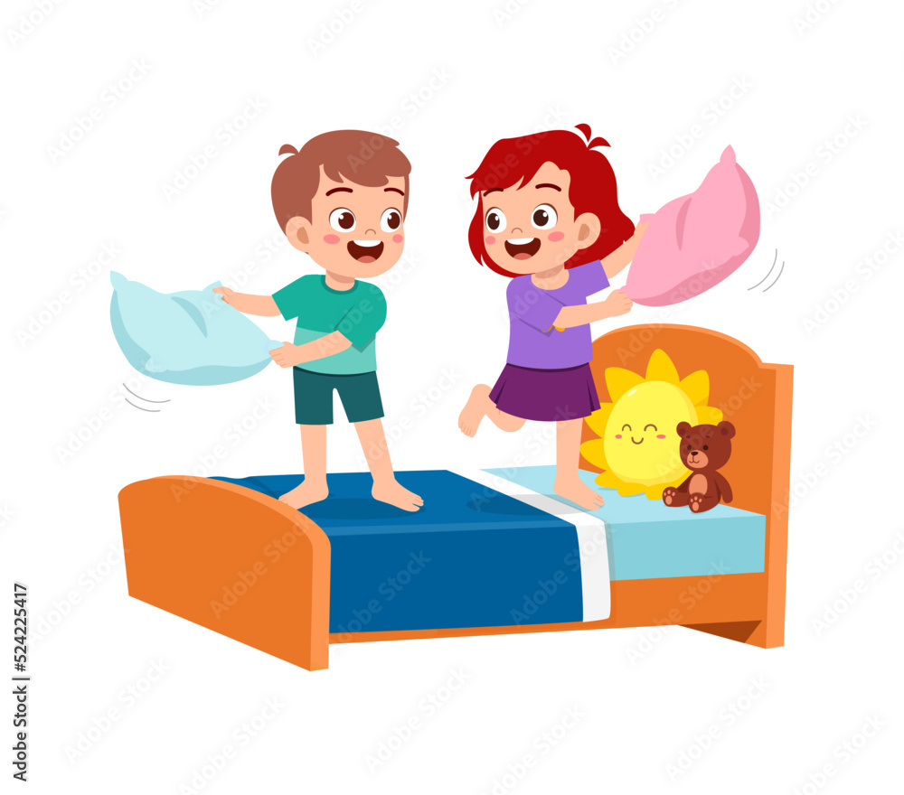 little kid play pillow fight with friend