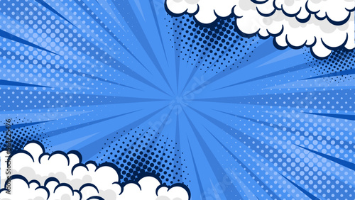 Blue comic abstrack background pop art book or poster background with halftone and cloud effect