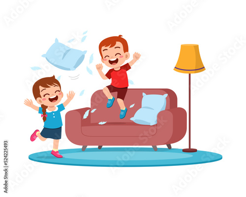 little kid play pillow fight with friend