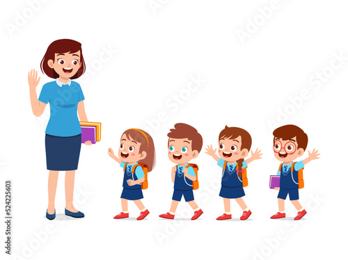 little kids say good morning to teacher