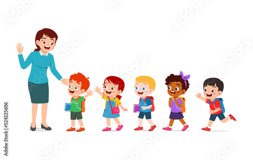 little kids say good morning to teacher