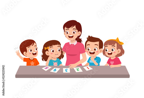 little kid study math in class with teacher